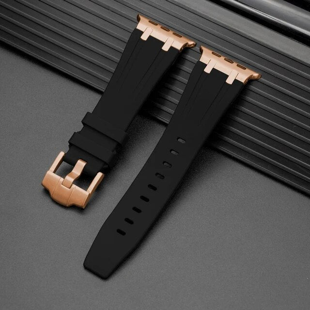 Premium Silicone Band for Apple Watch - Black with Rose Gold Pin Buckle