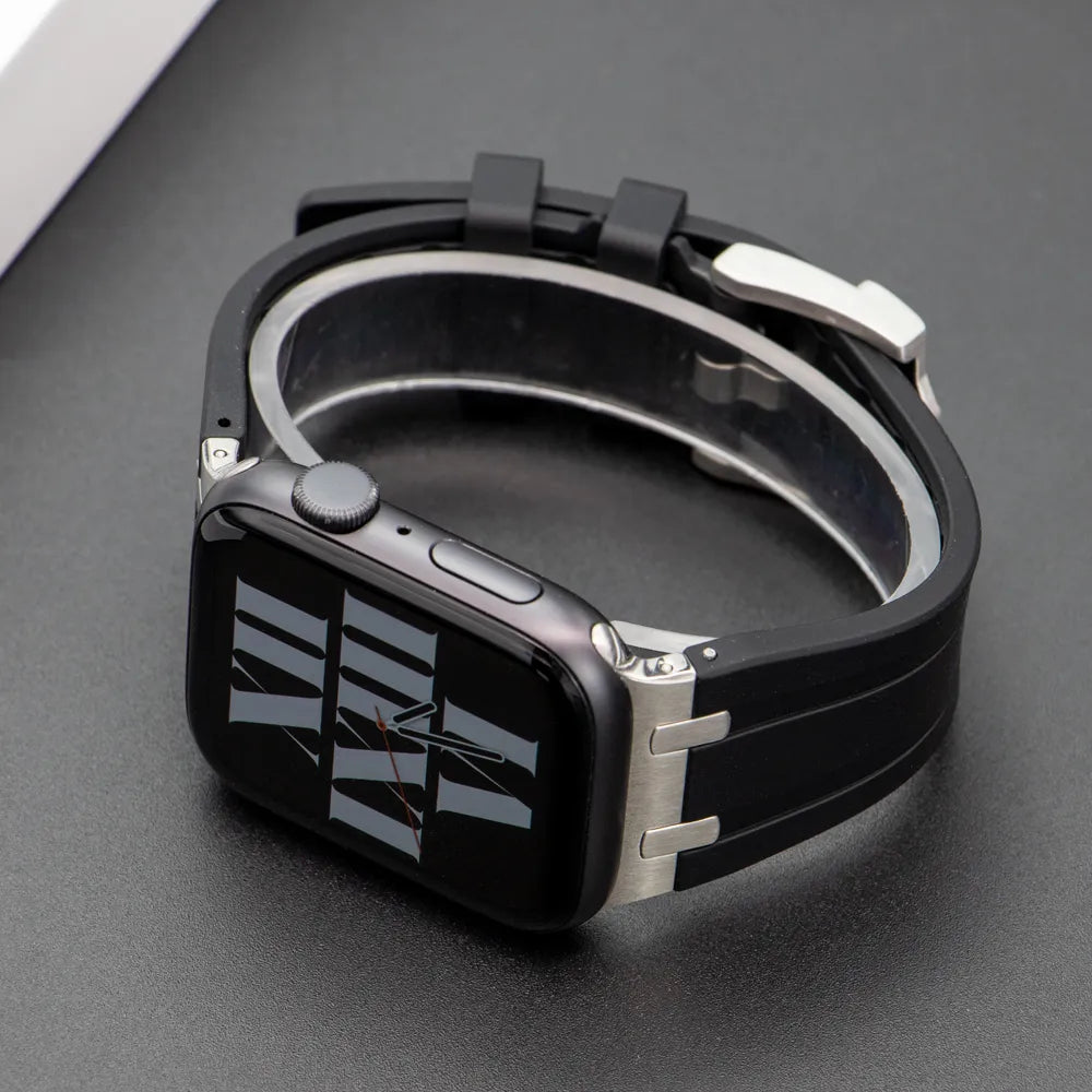 Premium Silicone Band for Apple Watch - Black with Silver Pin Buckle